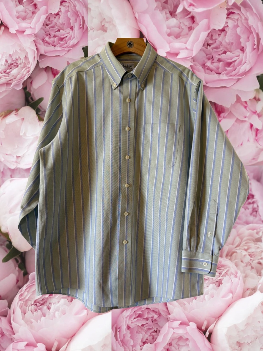 L.L.Bean Striped Button Down Collar Vertical Green Blue Men’s Classic Preppy